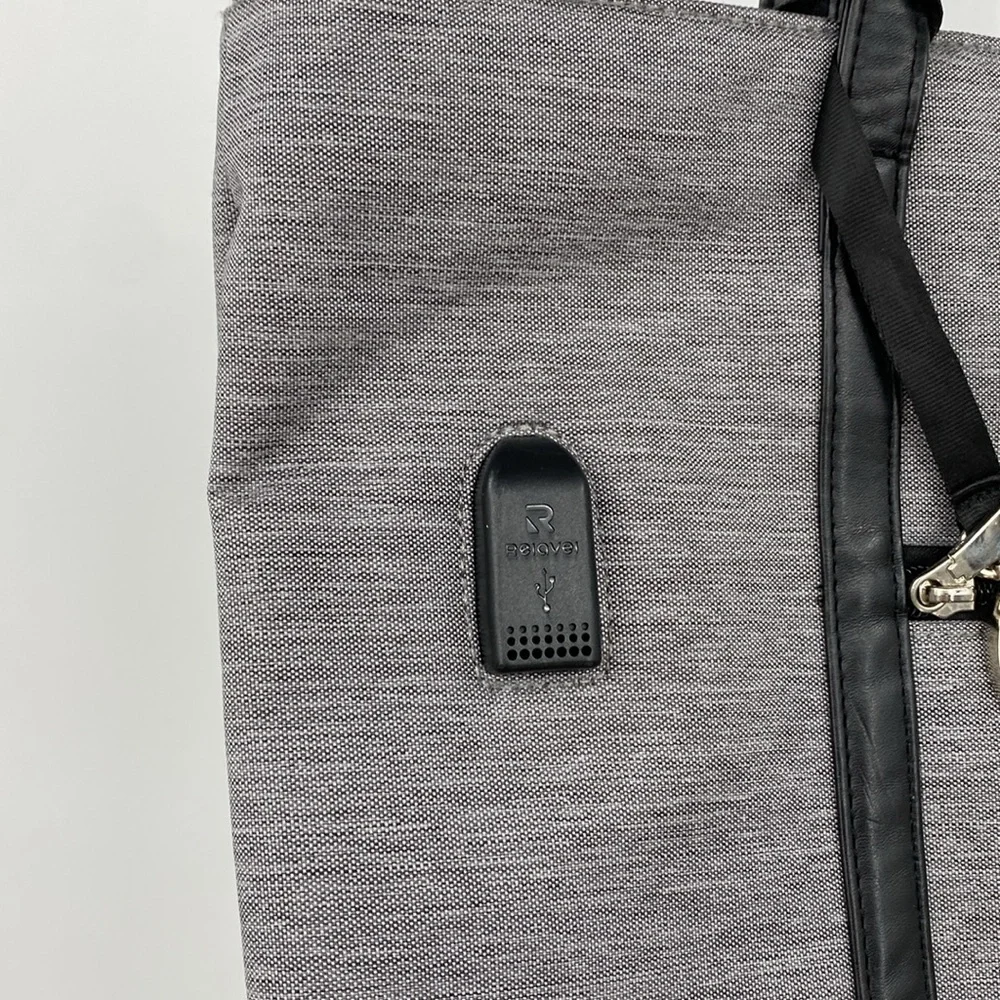 REIAVEL Gray Tote Bag Laptop Grey Canvas Black Leather USB Plug‎ Office Purse